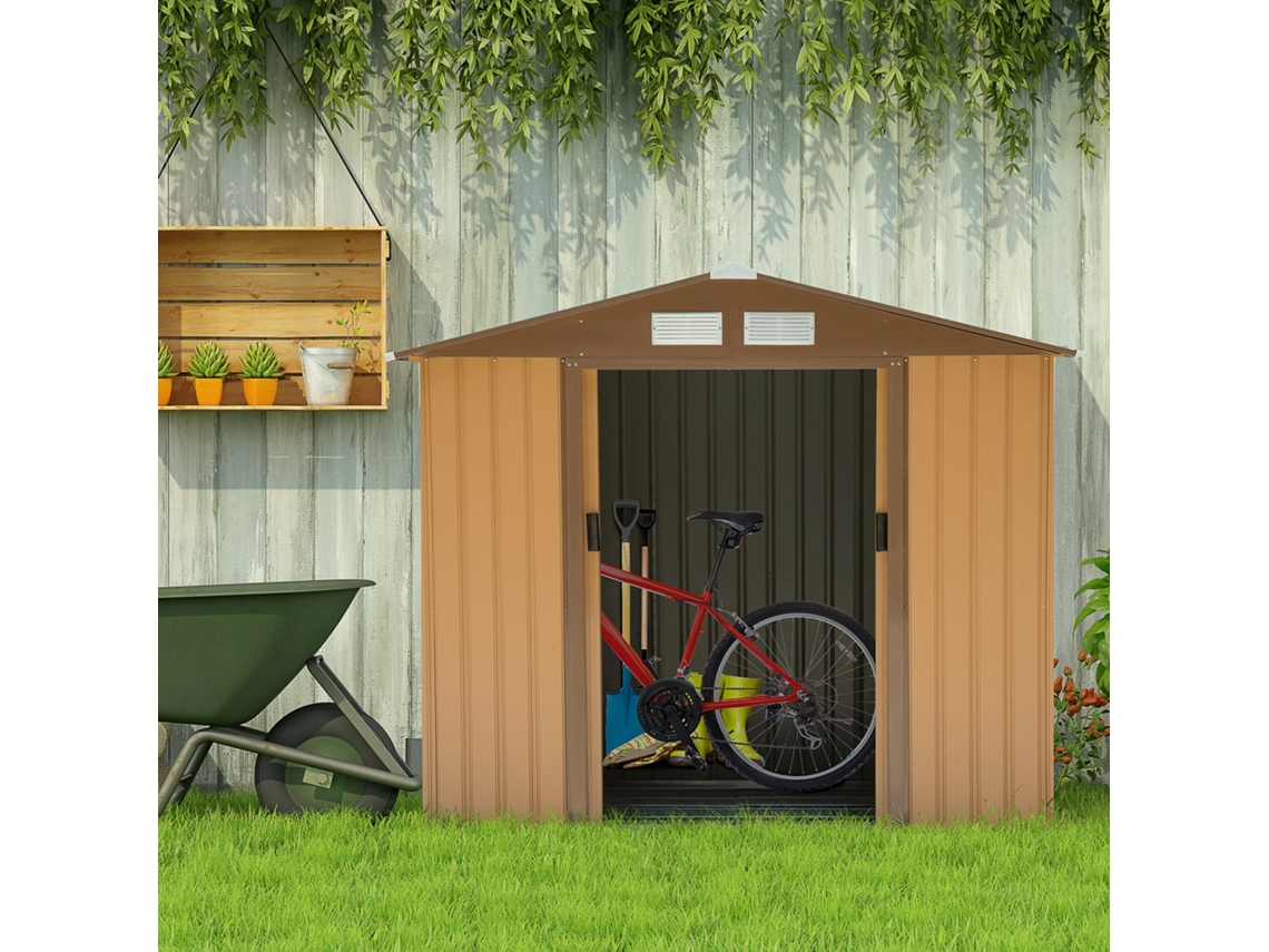 Abrigo de Jardim Aço Galvanizado e PP cor Marrón 213x130x185 cm OUTSUNNY
