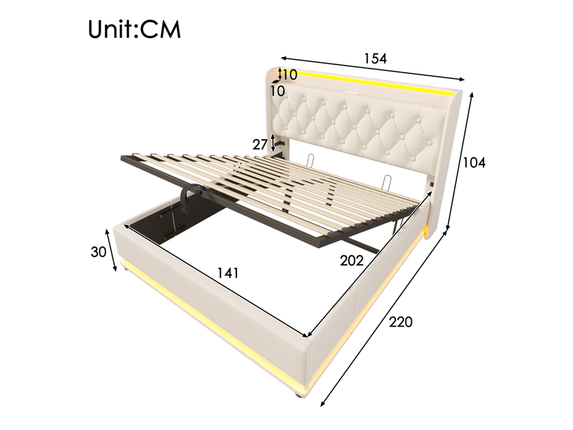 Cama De Casal Led Surround Usb Tipo Controle Remoto Armazenamento Pangshiyuan Pele Sintética Branco (140x200)
