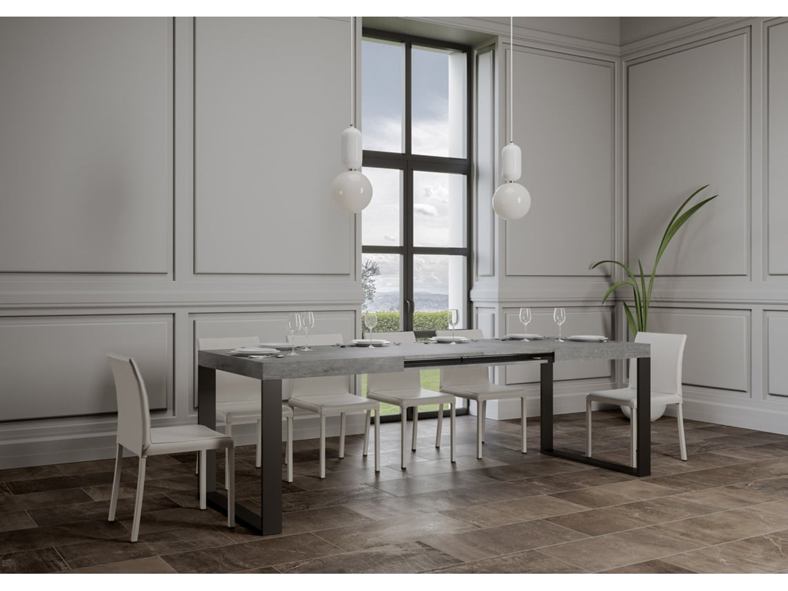 Mesa de Jantar Extensível 90X120/224 Cm Tecno Cimento Quadro Antracite