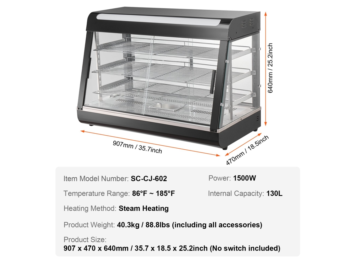 3-Tier Comercial Food Warmer Display Bancada Pizza Gabinete com Luz VEVOR