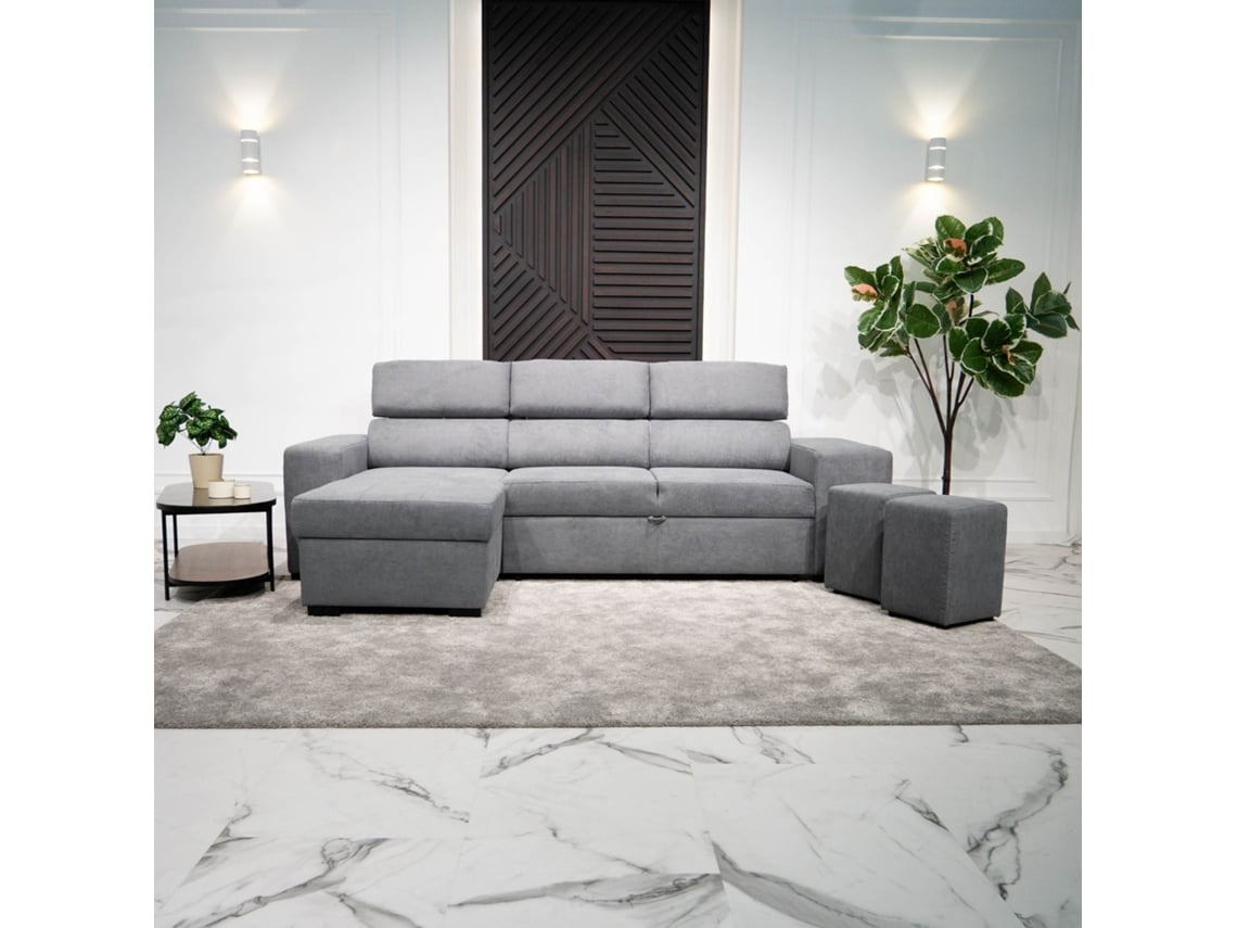 Sofá Cama 3 Lugares BUDWING John Cinza Grafite + Chaise Longue + Cabeceira Ajustável + 2 Pufes (263 x 161 x 96 cm - Reversível Lado Direito/Esquerdo)