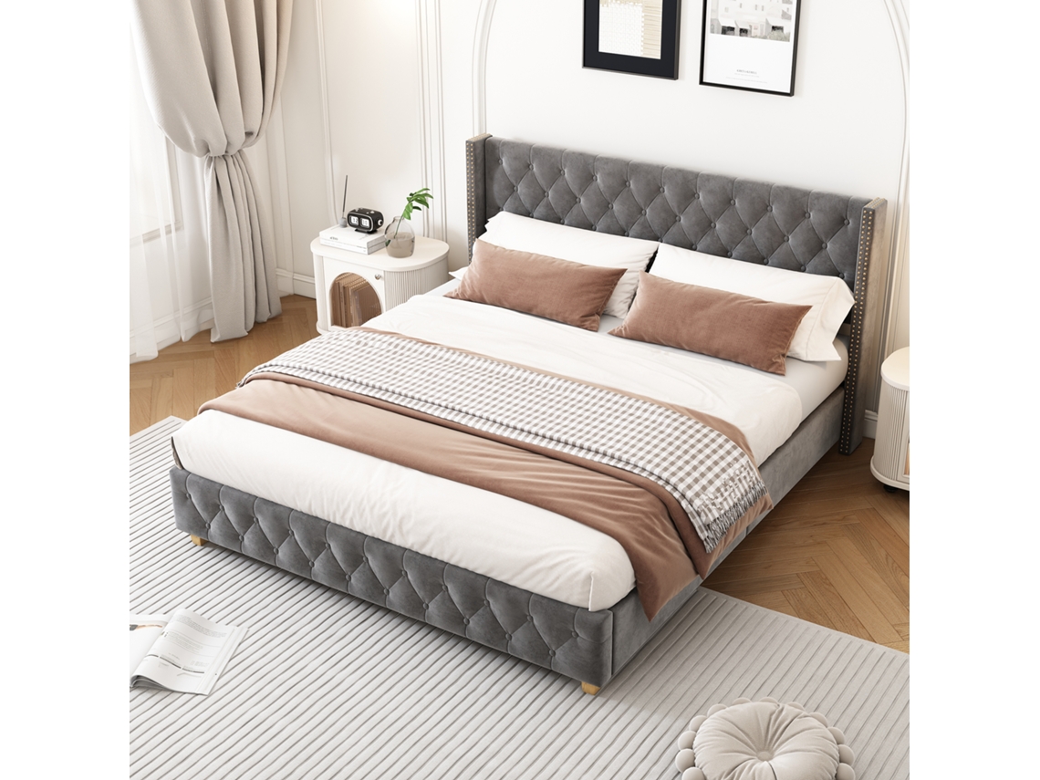 Cama 180x200 Cm Estofada Em Veludo - Com Base De Ripas - Cinza