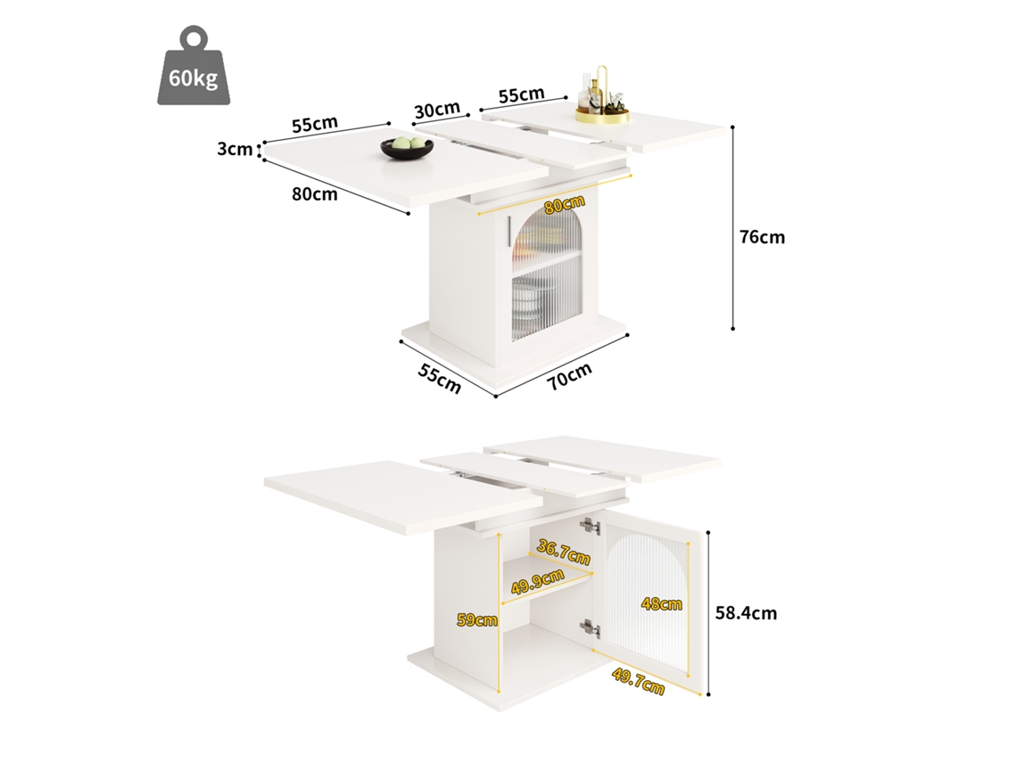 Mesa De Jantar Telescópica Extensível Branca 140x80cm Com Prateleira 3 Níveis Ideal Para Cozinha E Sala Compacta Echo