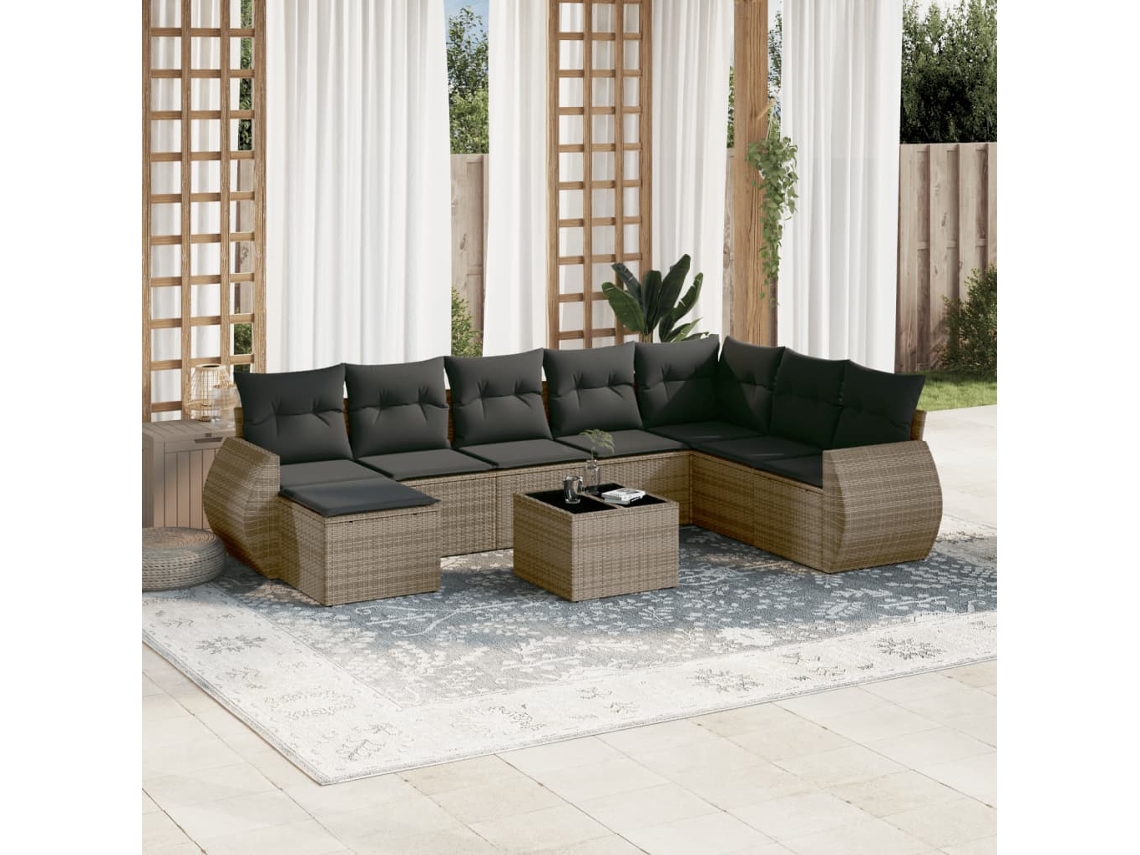 Conjunto 9 sofás p/ jardim com almofadões vime PE cinzento