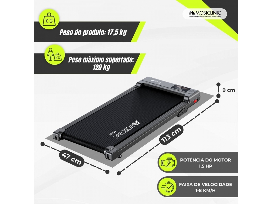 Passadeira de corrida Mobiclinic Controlo remoto ecra digital sem braços 8 kmh 113x47cm 120kg preto Andy