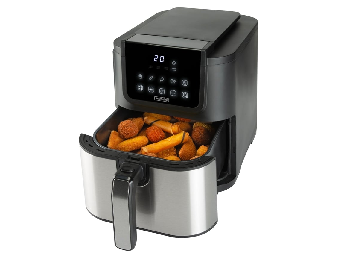 Fritadeira Sem Óleo BOURGINI PFAS AirFryer Slim com cesto de Cerâmica ECO (5 L - Preto/Inox)