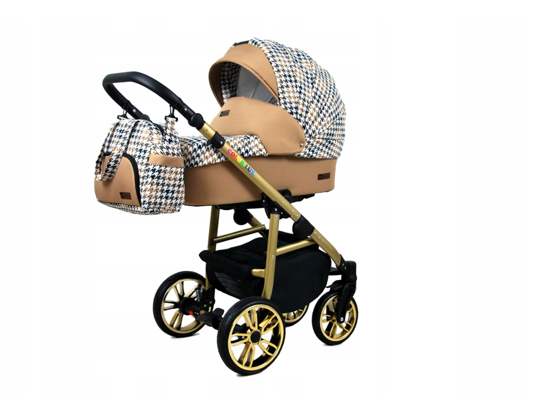 Carrinho de Bebé Multifuncional BABYLUX CLASSIC GOLD 4 Em 1 -Gold And Black Houndstooth GOLD FRAME - Ajustável e dobrável Construção leve em alumínio