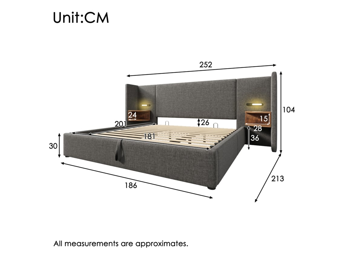 Cama Casal Estofada Cinza Usb-c Mesa Cabeceira Luz Leitura Estrutura Madeira Metal (180x200cm)