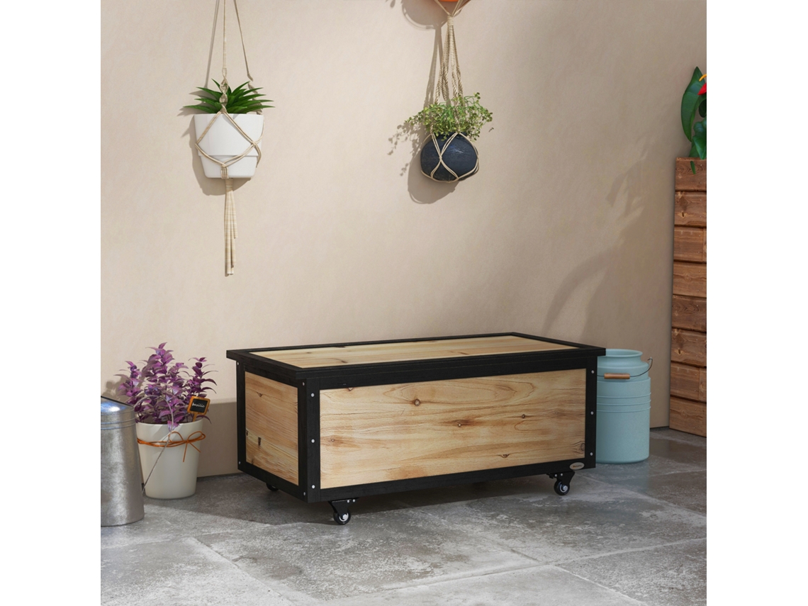 Baú de Exterior madeira de abeto, aço cor Marrón 100x50x43 cm OUTSUNNY