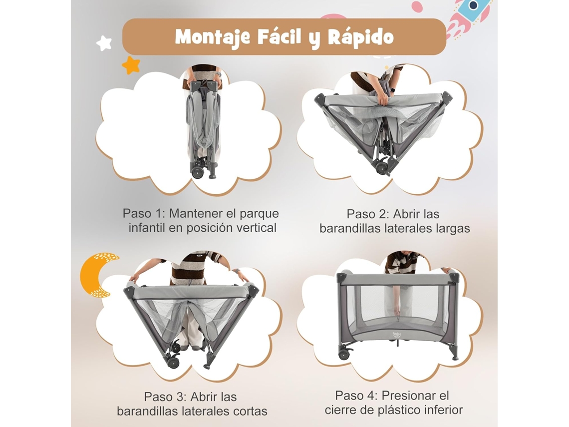 Berço de Viagem para Crianças 5 em 1 Centro Portátil para Crianças com Berço Cesto de Arrumação Brinquedos 2 Rodas com Fecho Cinzento COSTWAY