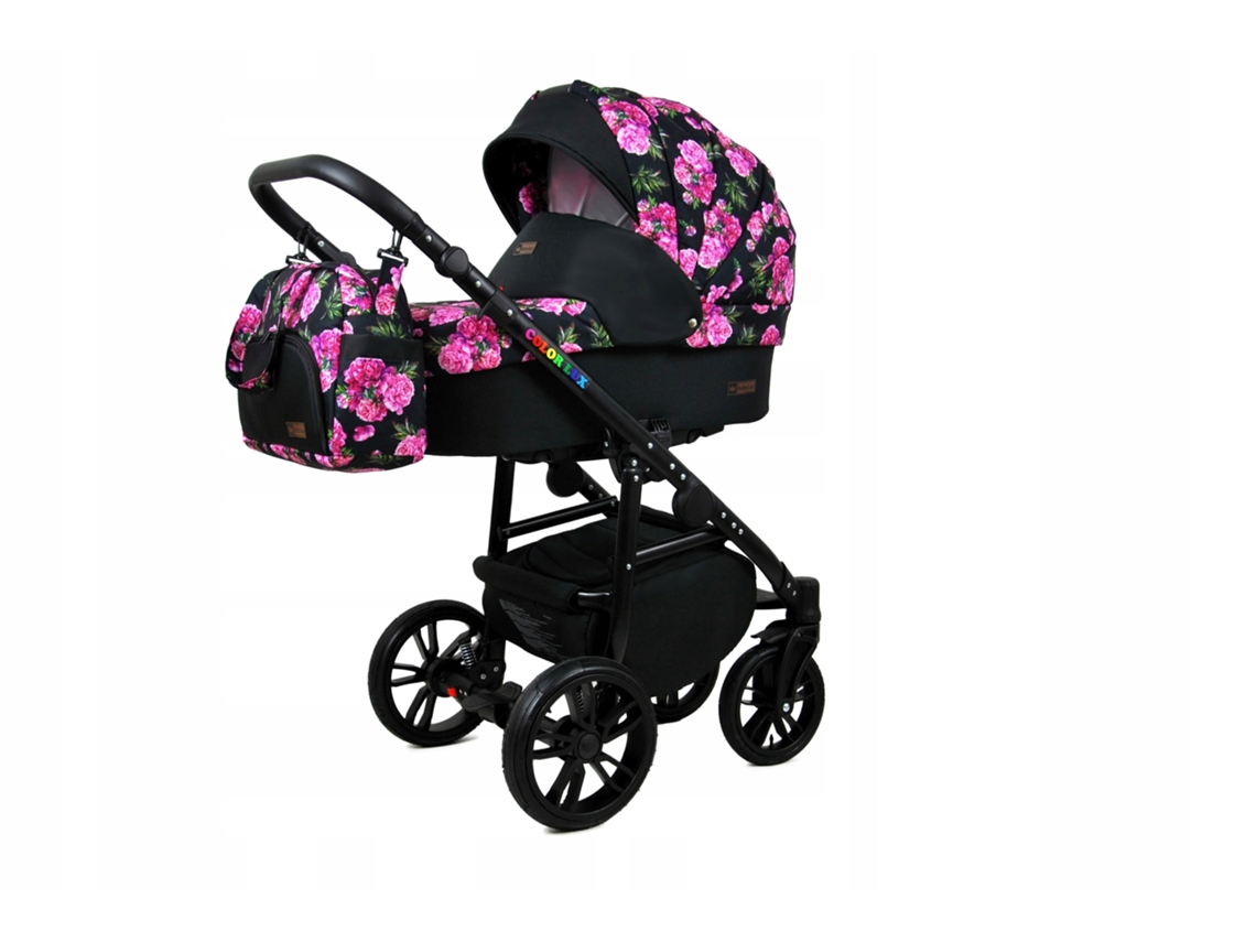 Carrinho de Bebé Multifuncional BABYLUX CLASSIC GOLD 4 Em 1 -Bouquets Peony On Black BLACK FRAME - Ajustável e dobrável Construção leve em alumínio