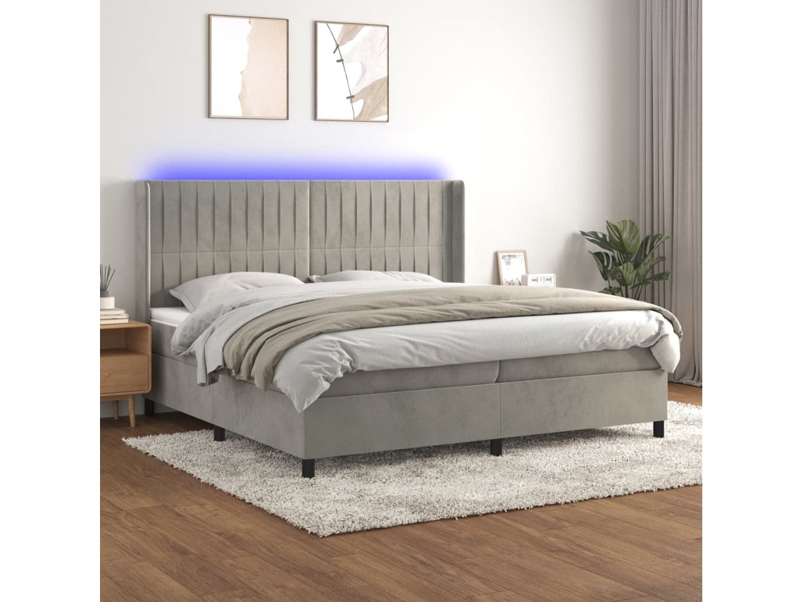 Cama Box Spring VIDAXL Colchão/LED (Cinzento - Veludo - 200 x 200 cm)