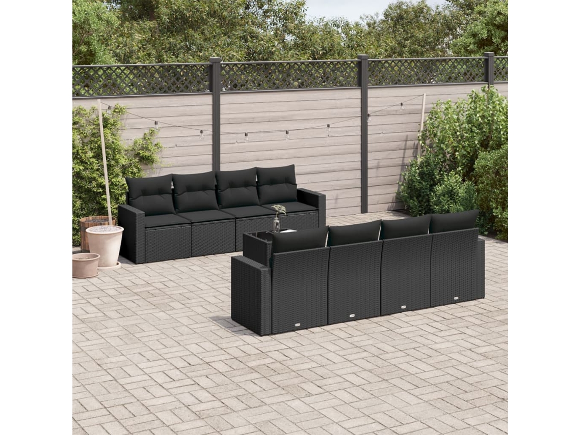 Conjunto 9 de sofás p/ jardim c/ almofadões vime PE preto
