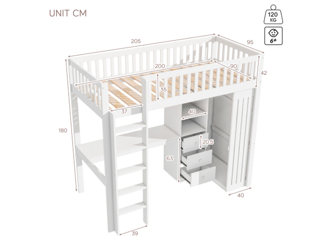 Cama Alta, 90200cm, Escrivaninha, Guarda-roupa, 3 Gavetas, Espaço De Armazenamento Aberto, Corrimão, Escadas, Sem Colchão, Branco
