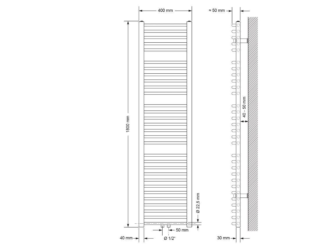 Radiador De Casa De Banho Ligação Central 400x1800 Mm Branco Curvo Luxebath