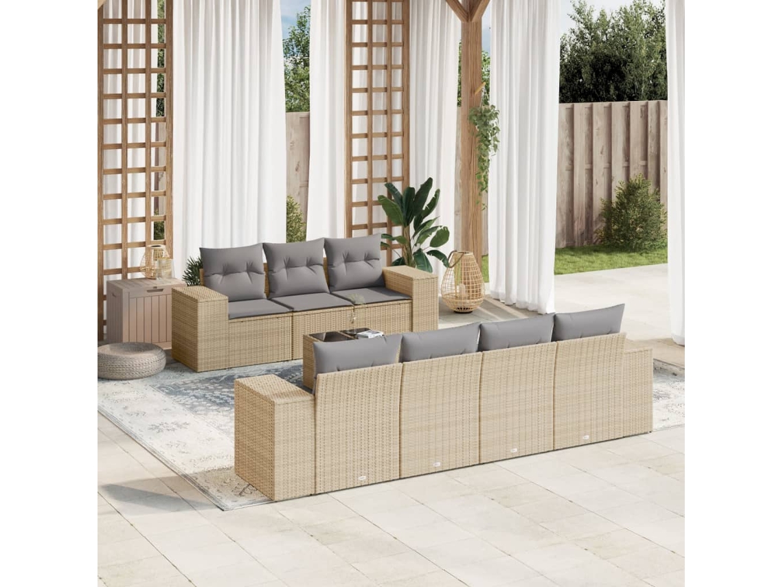 Conjunto 8 de sofás p/ jardim VIDAXL com almofadões vime PE bege