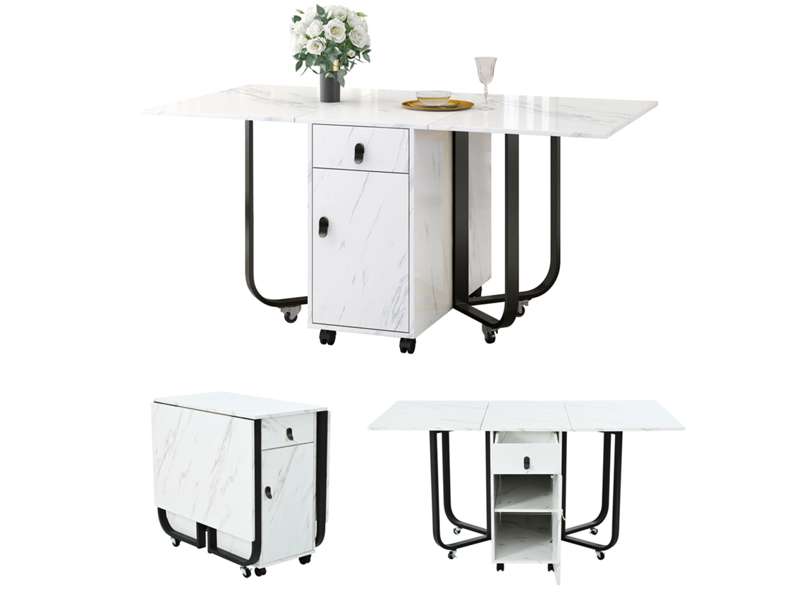 Mesa De Jantar Dobrável Com Armário E Gavetas, Estrutura Com Rodízios, Branco/preto Pangshiyuan (1 Peça)