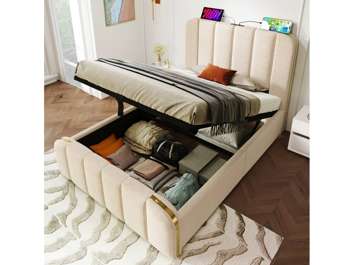 Cama Com Colchão De Solteiro E Cabeceira Estofada Acolchoada Detalhes Dourados Usb Pangshiyaun Linho Bege (101x216x100cm)