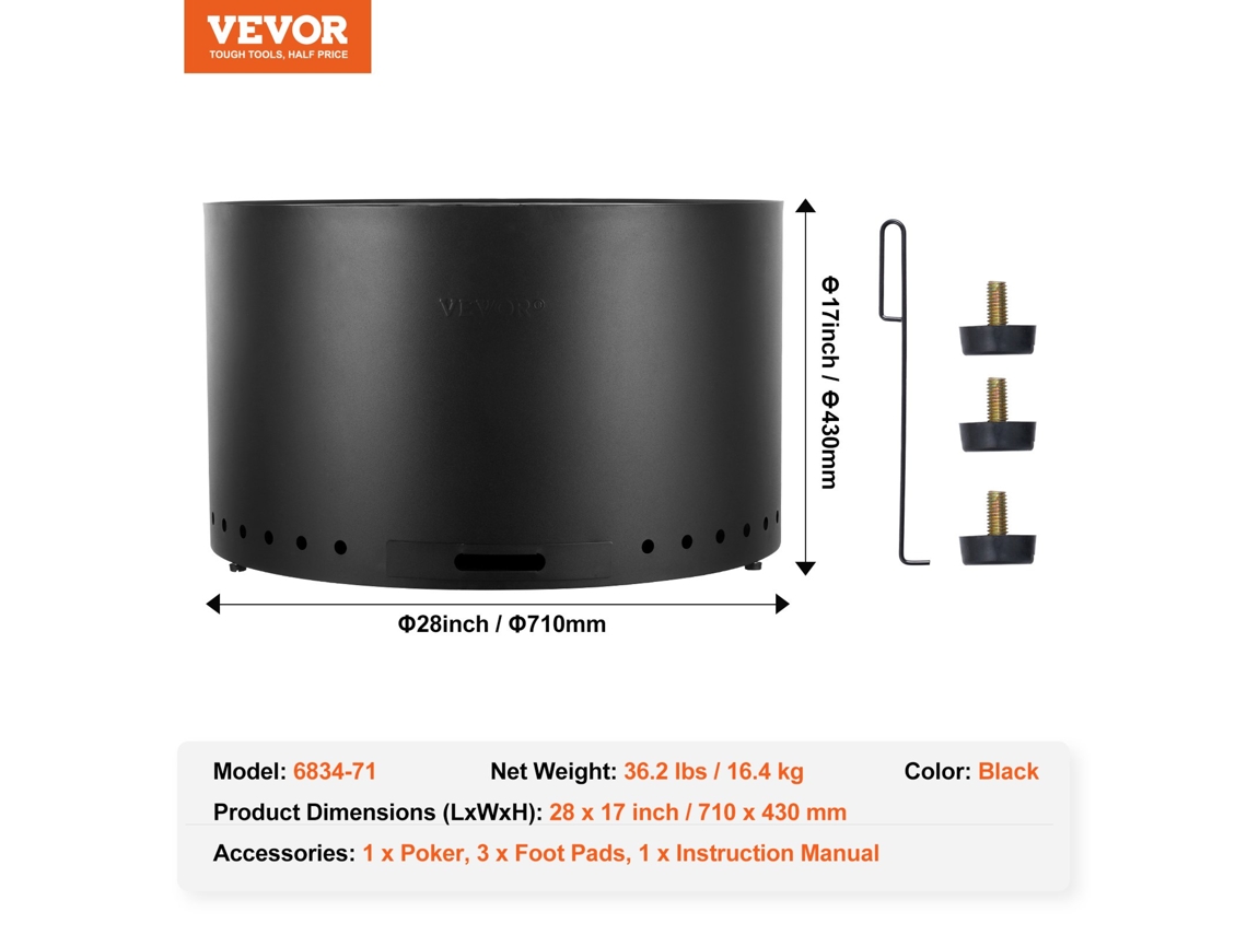 Fogão Sem Fumaça Fogueira 28 em Diâmetro Queima de Madeira em Aço Inoxidável VEVOR