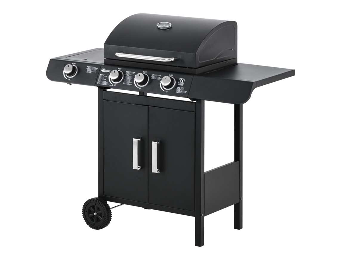 Churrasqueira A Gás Com 3 Queimadores Principais 1 Queimador Lateral, Prateleira De Armazenamento, Aço Inoxidável, Preta, 110 X 50 X 100 Cm Btforus