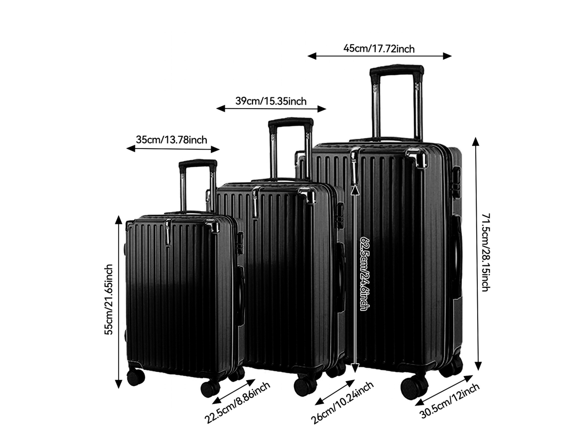 Jogo De 3 Malas Em Abs De 20, 24 E 28, Com 4 Rodas, Trava E Haste Telescópica. Tamanhos ML Xl. Preto Rosahqnda