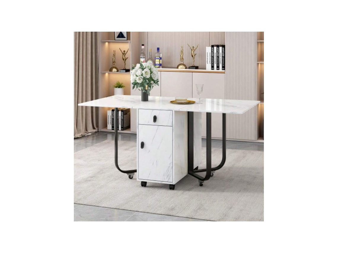 Mesa De Jantar Dobrável Com Armário E 2 Gavetas, Mesa De Cozinha Multifuncional, Mesa Compacta Com 4 Pernas E Polia (branco/preto) Ehstmind (1 Lugar)