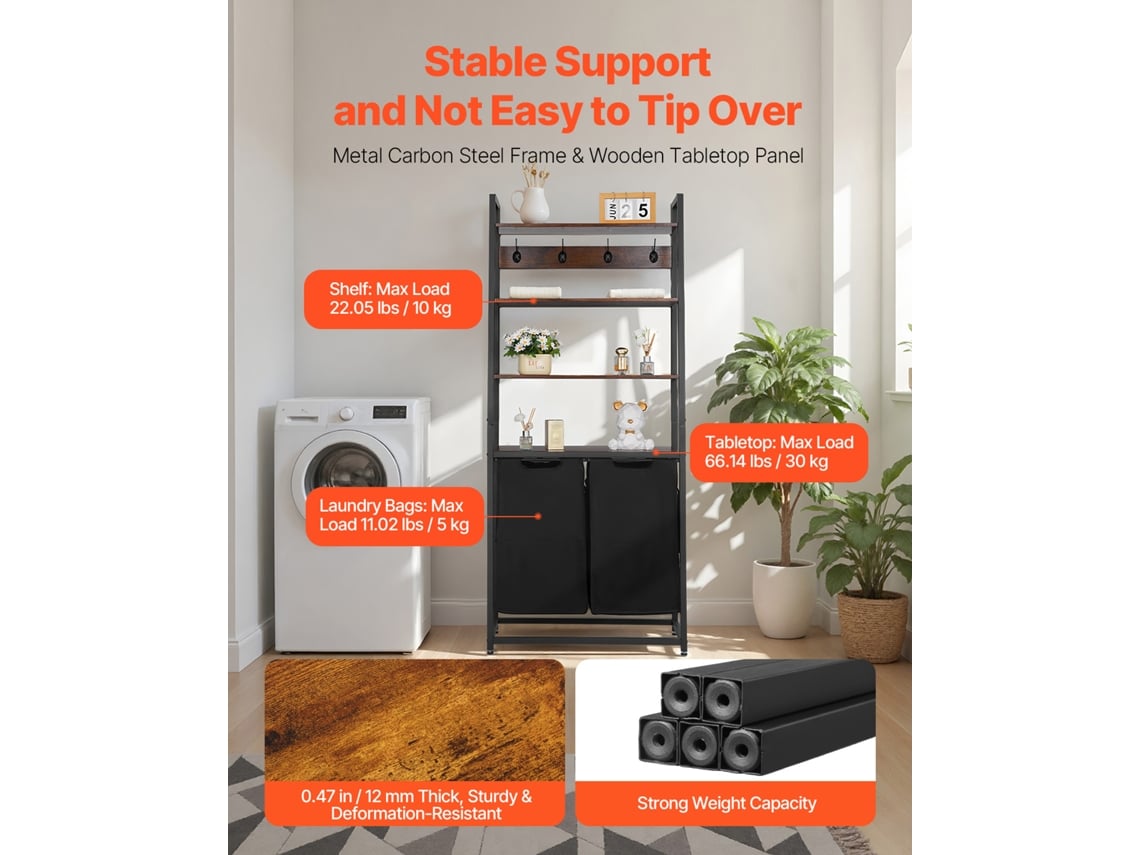 Cesto de roupa suja Vevor de 4 níveis com prateleiras e ganchos, 2 seções, preto