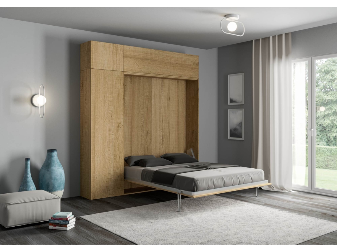 Cama Abatível 160 Vertical com Coluna ITAMOBY Kentaro (234 x 39 x 210 cm - Painéis em Melamina - Carvalho Natural)