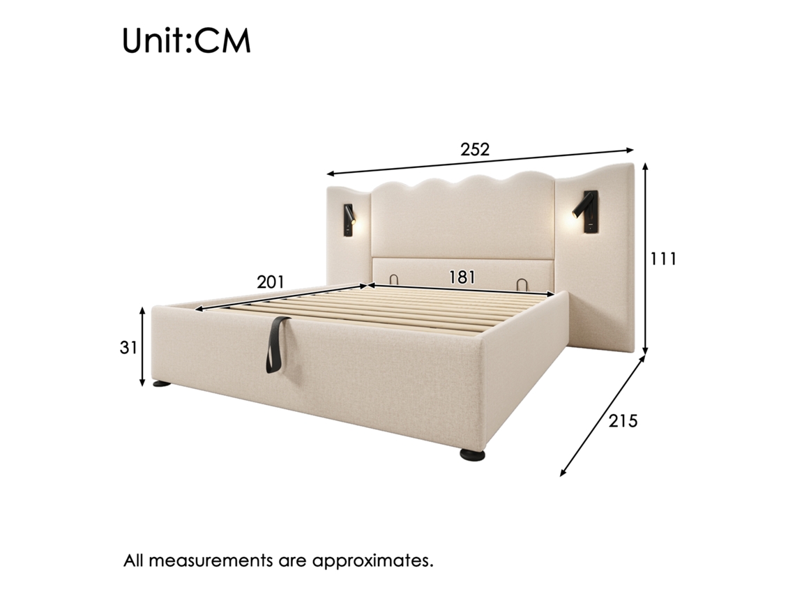 Cama Casal Estofada Bege Usb-c Candeeiro Arrumação Linho S/ Colchão (180x200cm)