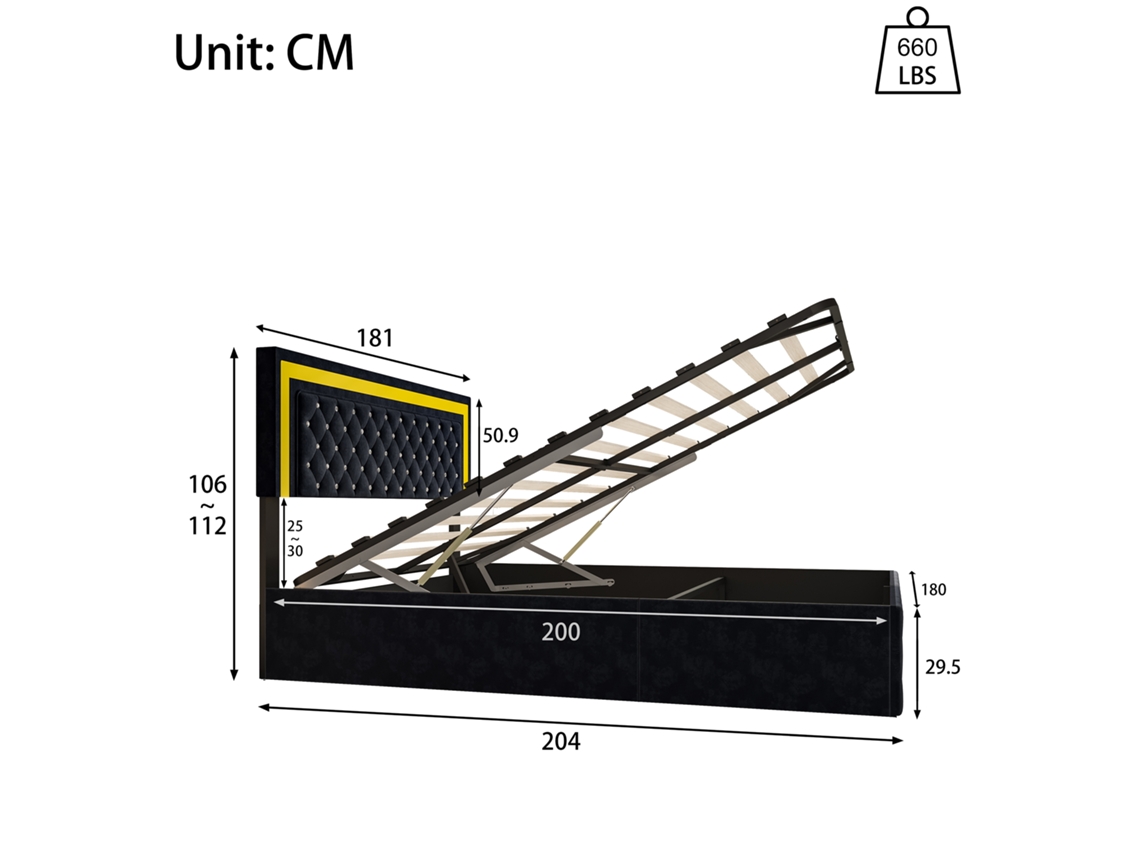Cama De Casal 180 X 200 Cm, Cama Hidráulica Com Iluminação Led E Espaço De Arrumação, Cama Em Veludo Preto Com Cabeceira Ajustável