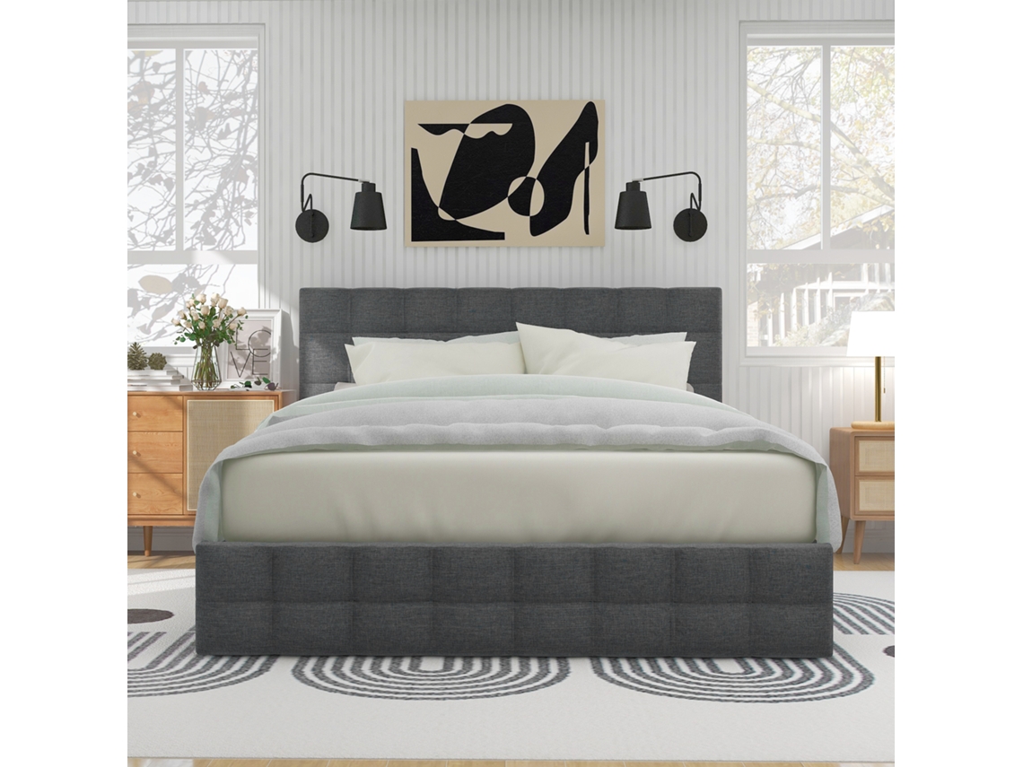 Cama Estofada Com 4 Gavetas, Cama De Casal, Cama De Armazenamento, Cabeceira De Altura Ajustável, Material De Linho 140200 Cm, Cinza