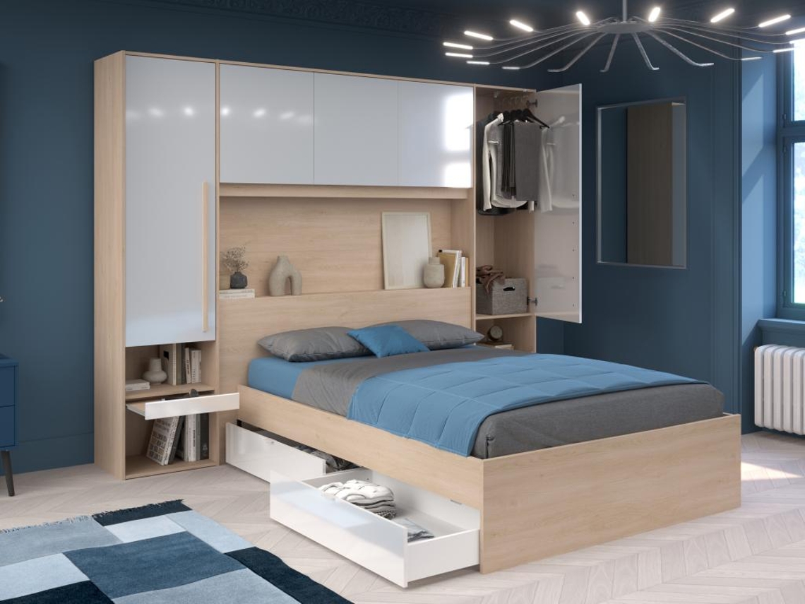 Estrutura de cama VELONA VENTE-UNIQUE Natural claro, Branco 140x190 cm - Sem colchão - Com sommier