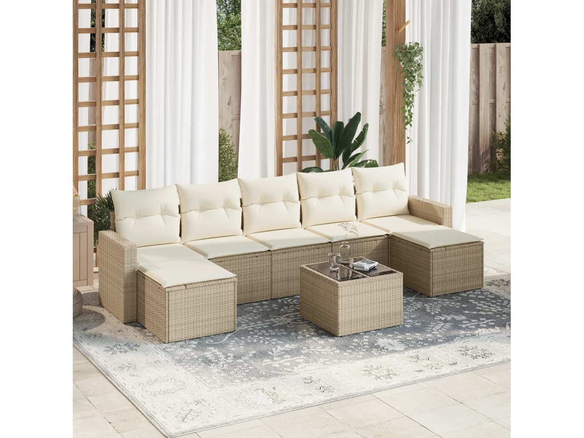 Conjunto 8 de sofás p/ jardim VIDAXL com almofadões vime PE bege