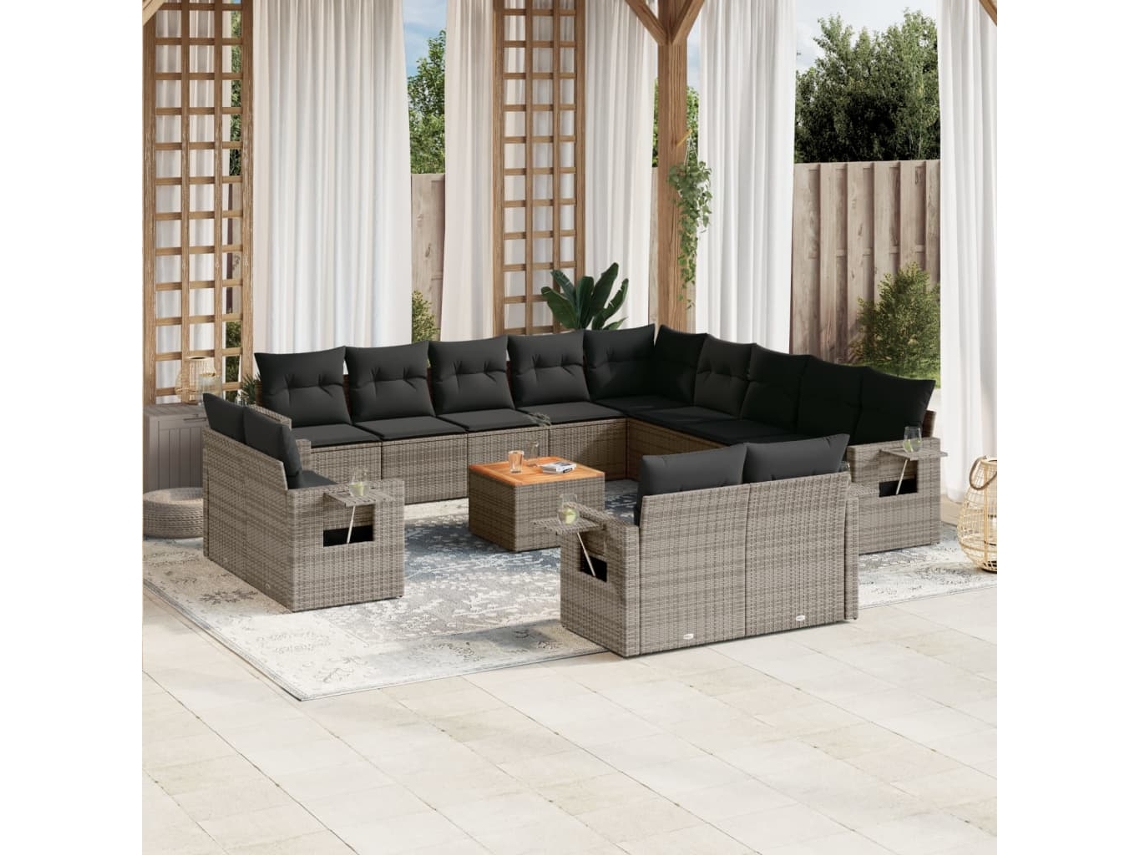 Conjunto 14 sofás p/ jardim c/ almofadões VIDAXL vime PE cinzento