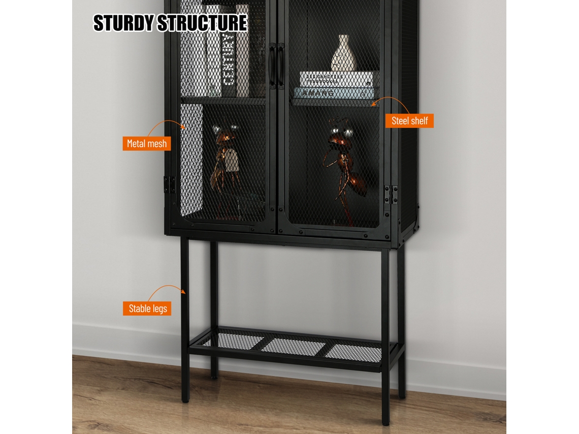 Armário Industrial Com 2 Portas De Malha De Metal, Prateleiras Ajustáveis E Pés, Prateleira Inferior, Antitombamento, Sem Poeira, Aparador De Cozinha,