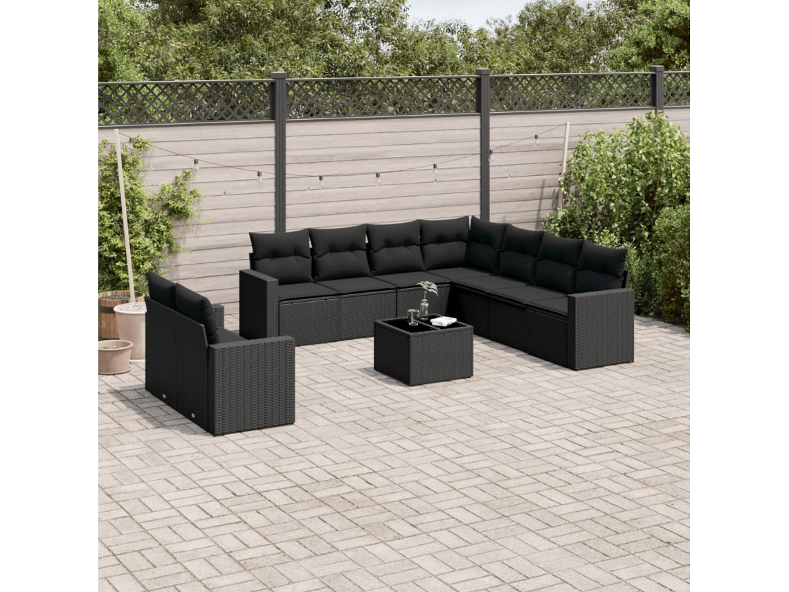 Conjunto 10 sofás de jardim c/ almofadões VIDAXL vime PE preto