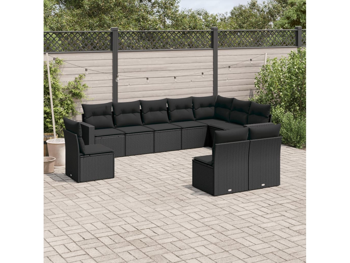 Conjunto 10 sofás de jardim c/ almofadões VIDAXL vime PE preto