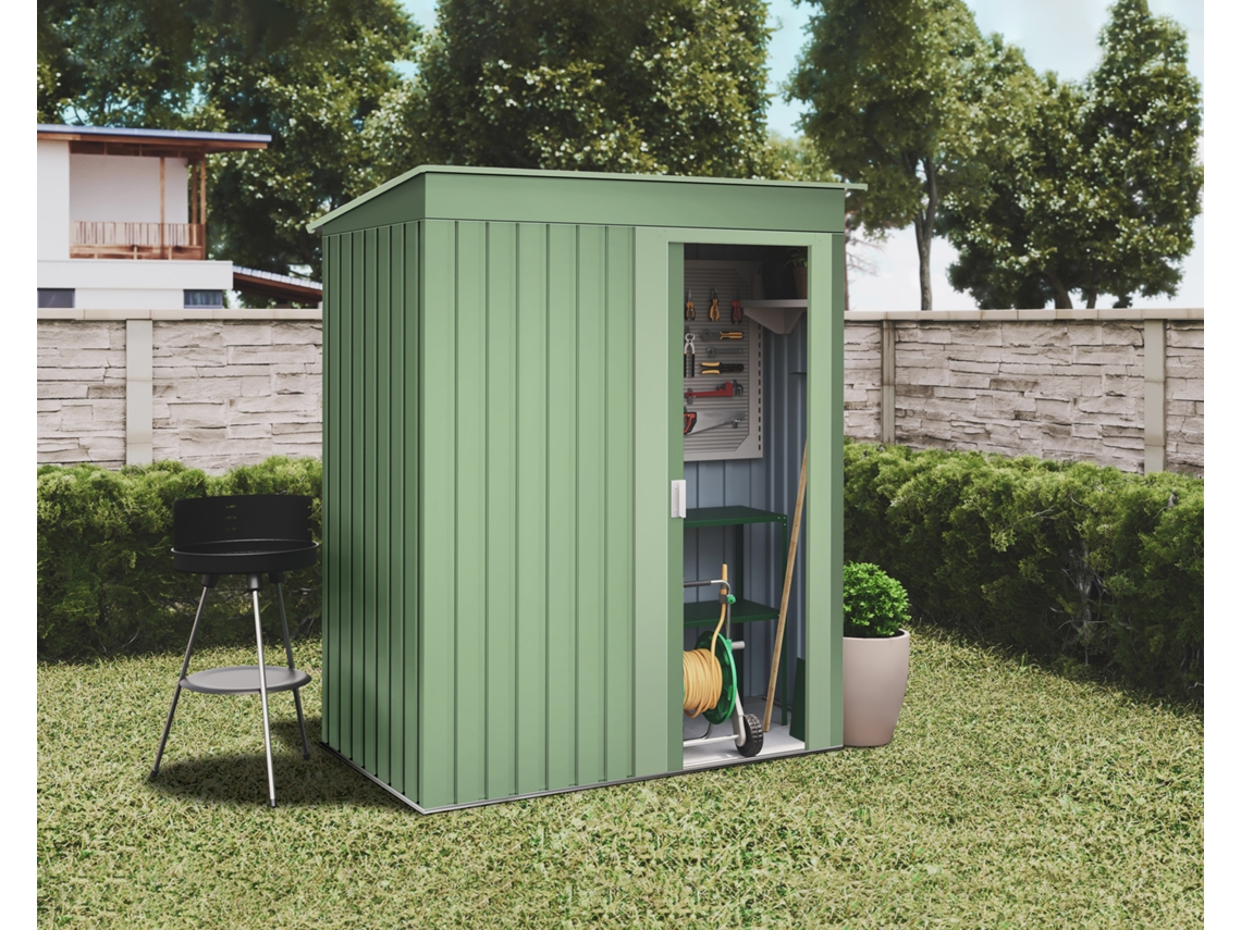 Abrigo de Exterior WASABI Metálico Verde 1,39m² 86x162x181 cm Porta de Correr Telhado Inclinado