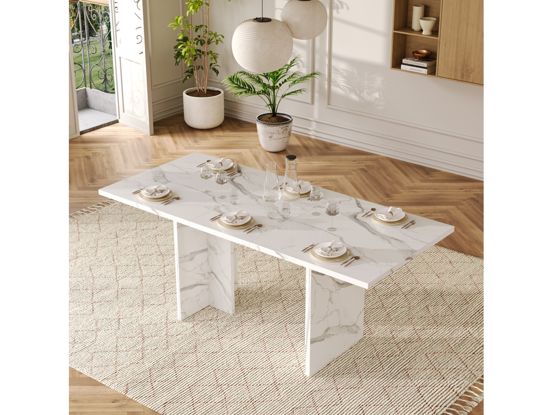 Mesa Extensível Retangular Para 6 8 Pessoas, Tampo Espesso, Design Minimalista, Perfeita Para Sala De Jantar E Cozinha, Mármore Branco Sini Tech Store