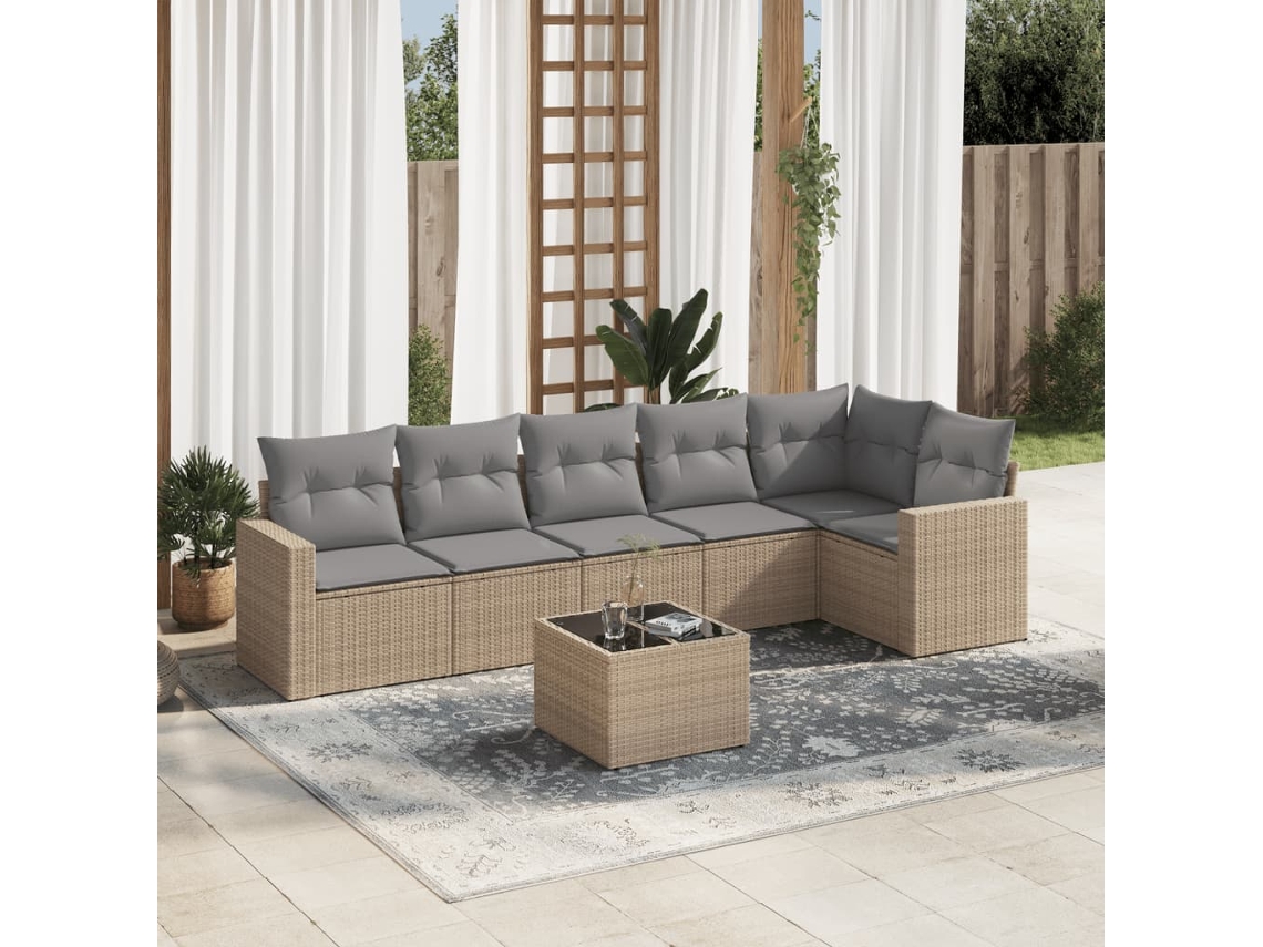 Conjunto 7 de sofás p/ jardim com almofadões VIDAXL vime PE bege