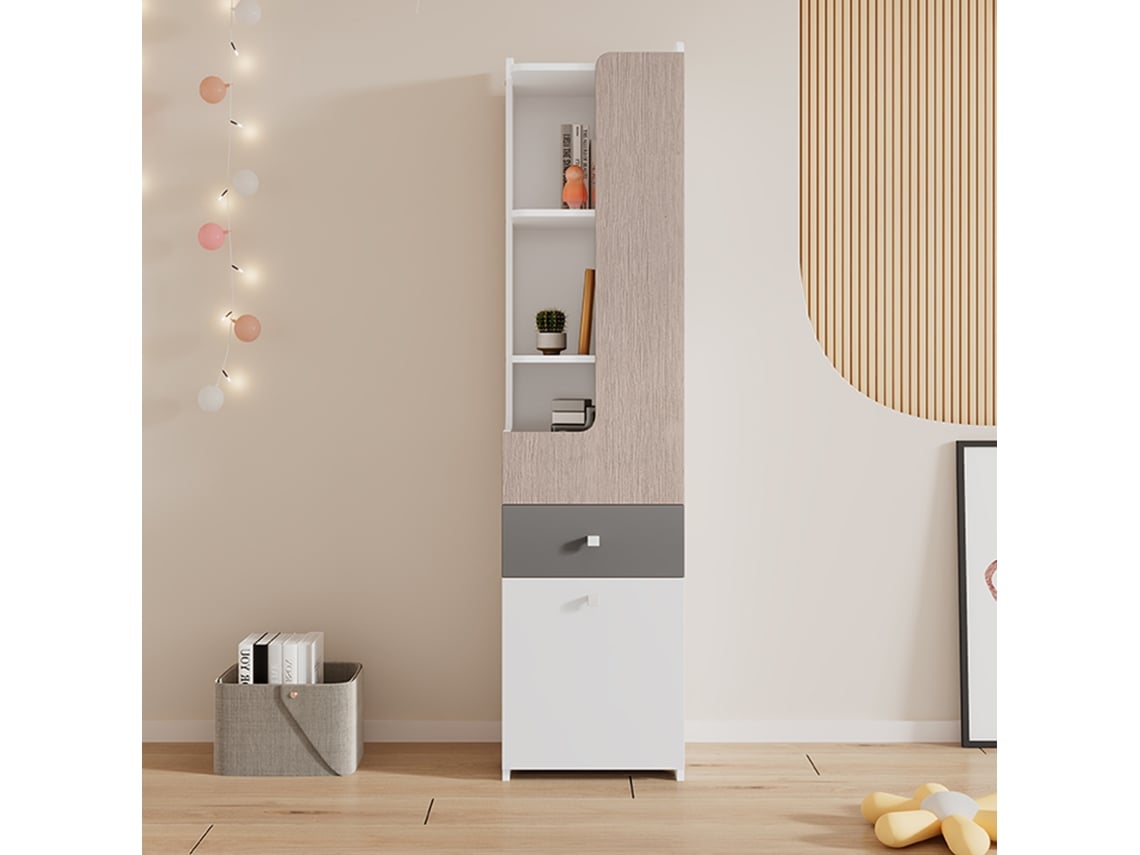 Estante de 184 x 40 x 45 cm, estrutura de madeira e metal, montagem necessária, armário de armazenamento, design OEM compacto.