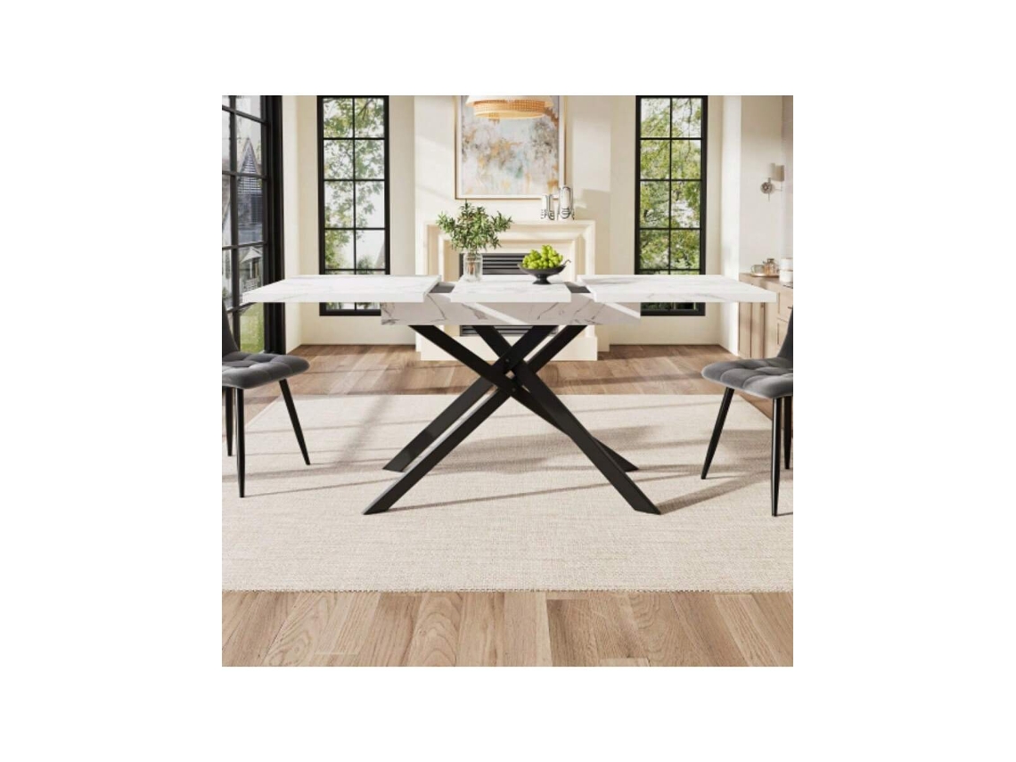 Mesa Extensível 120 160cm, Pernas Cruzadas Pretas, Tampo Mármore Branco, Cozinha Ou Sala, Estilo Moderno Hvorstur
