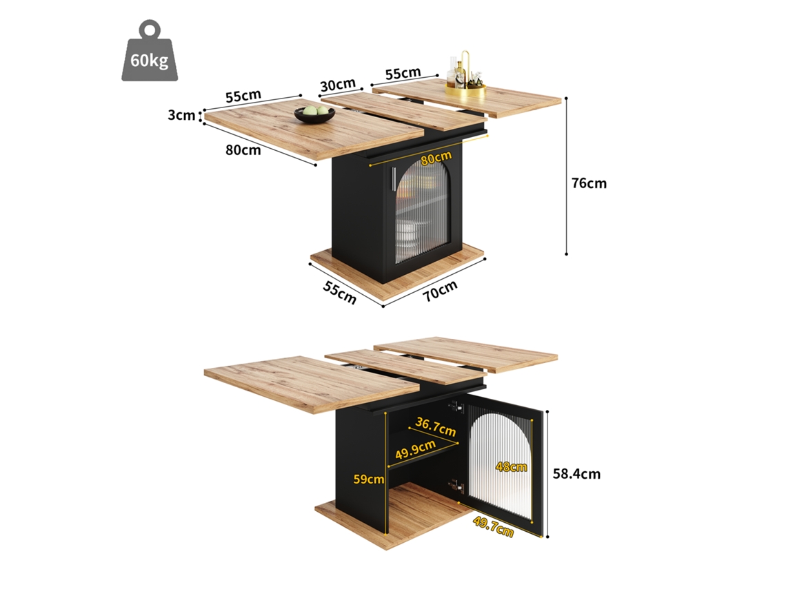 Mesa De Jantar Extensível 140x80cm Com Prateleiras Em Madeira Natural E Preta Ideal Para Cozinhas E Salas De Estar Echo