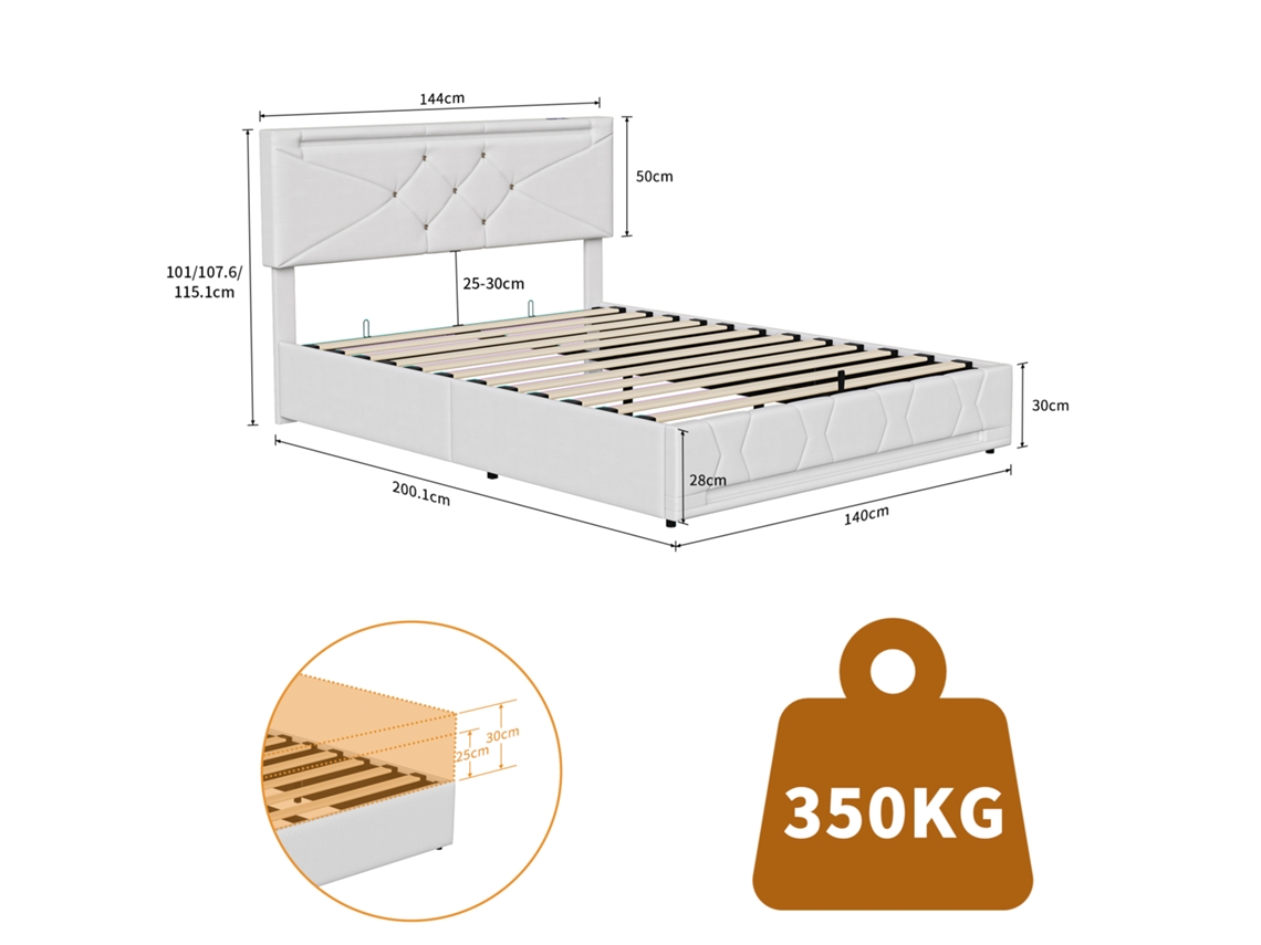 Cama Estofada De 140x190 Cm, Cama De Casal Com Baú E Estrado De Ripas, Cabeceira Regulável Em Altura Com Led E Usb, Cama Funcional. Mexus
