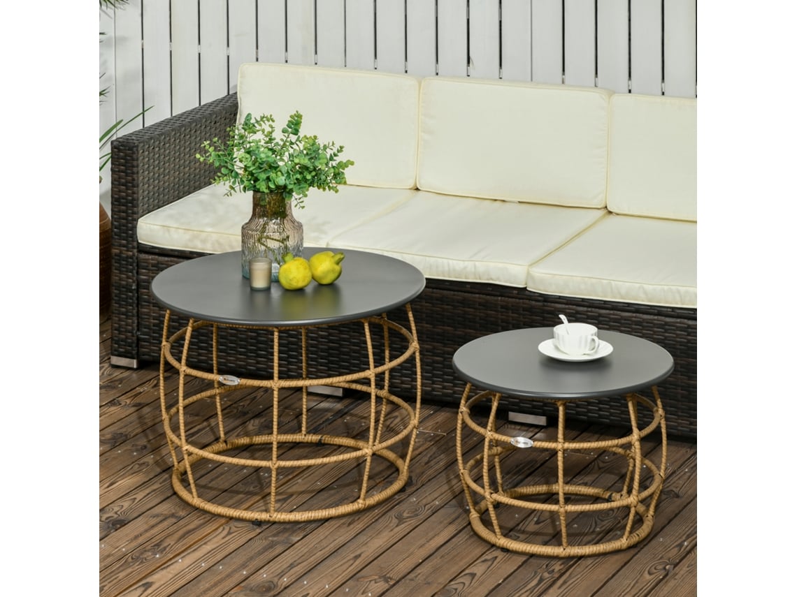 Conjunto De 2 Mesas De Centro Redondas Em Rattan Com Tampo, Cor Areia Pangshiyuan (60x60x47cm)