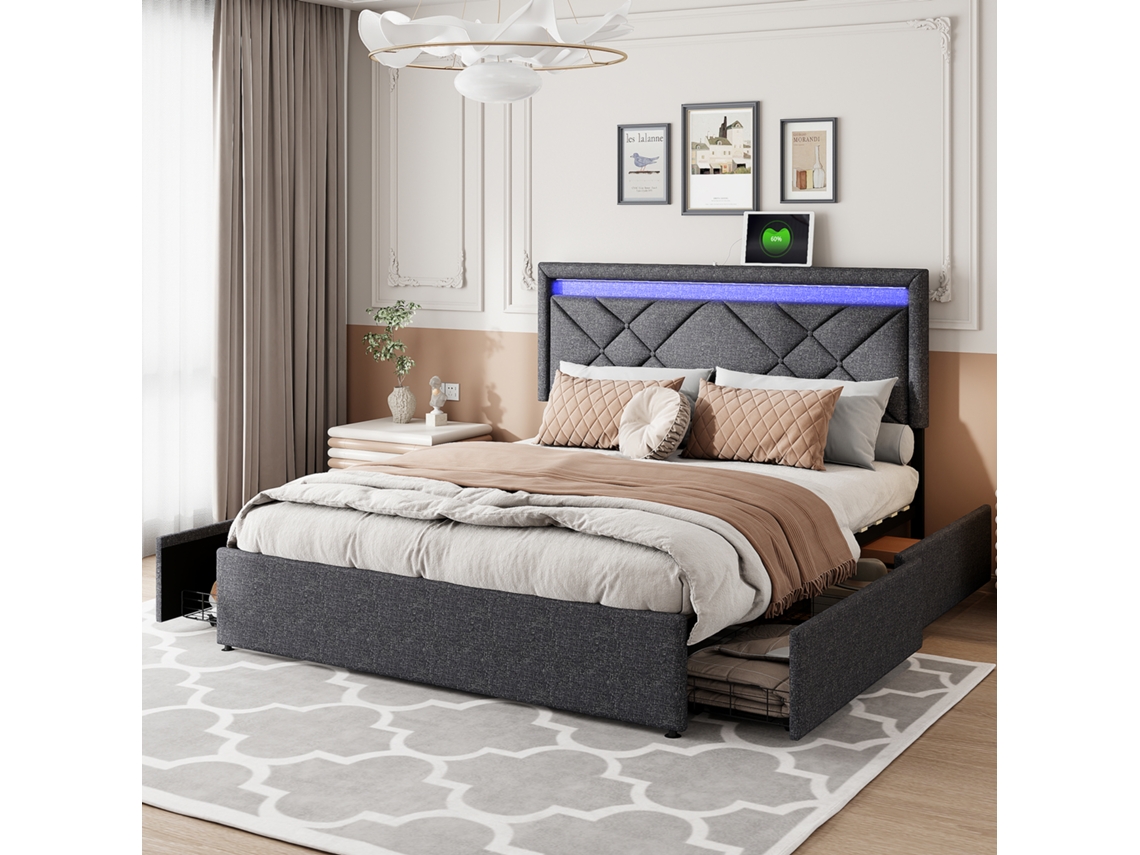 Cama De Casal 160x200cm, Com Led E Usb, 4 Gavetas, Estofada, Com Estrutura De Ripas E Metal, Na Cor Cinza, Em Tecido De Linho, Sem Colchão Rosahqnda