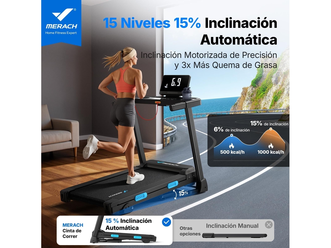 Passadeira Elétrica Dobrável Merach, Inclinação 15 Automática, App Bluetooth, Motor 1.25 Chp, 0.8 12 Km/h, Cinta Andar Compacta Para Casa