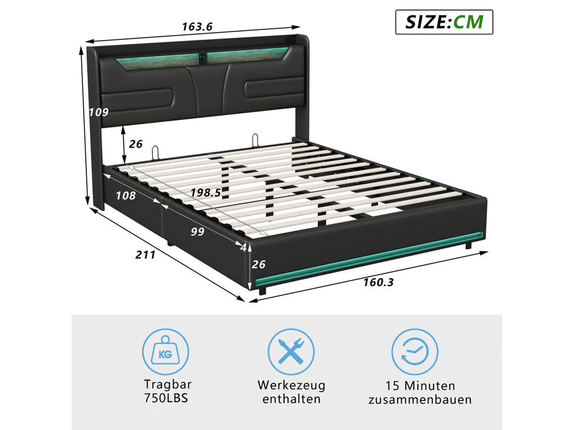 Cama Com Caixa De 160 X 200 Cm, Cama De Casal Com Arrumação Debaixo Da Cama, Baú, Cama Com Led, Função De Carregamento E Cabeceira