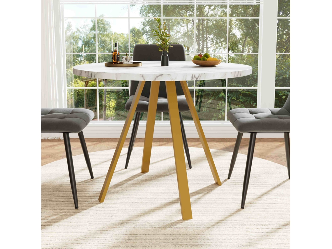 Mesa Redonda 80x80x75 Cm Mesa De Cozinha Redonda Para 4 Pessoas Bandeja Em Mdf Com Efeito Mármore Branco, Pés Metálicos Dourados Estilo