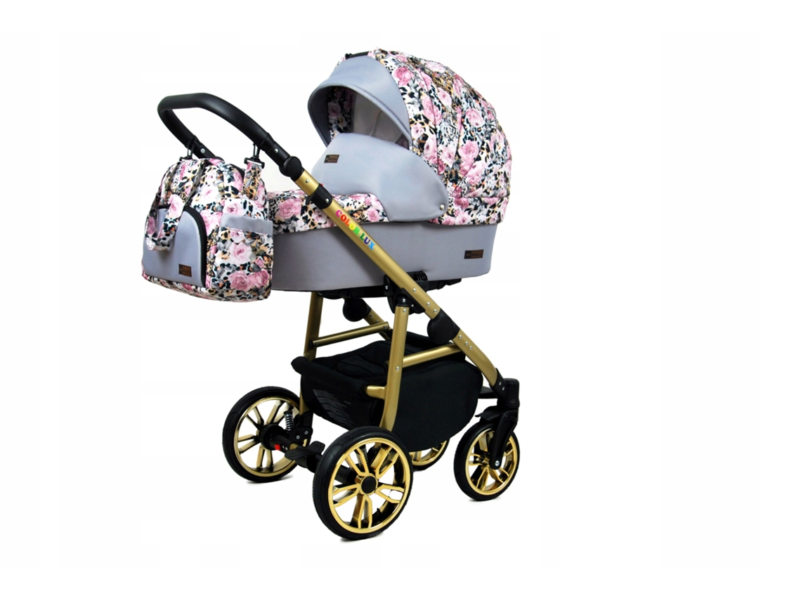 Carrinho de Bebé Multifuncional BABYLUX CLASSIC GOLD 4 Em 1 -Albion Roses On Leopard GOLD FRAME - Ajustável e dobrável Construção leve em alumínio